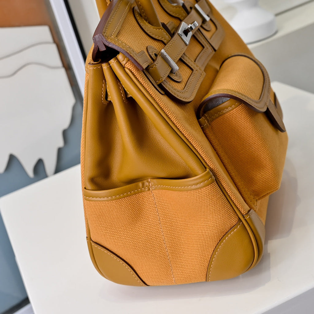 Birkin Cargo 25 Amber Yellow Swift Leather and Canvas Splicing Bag