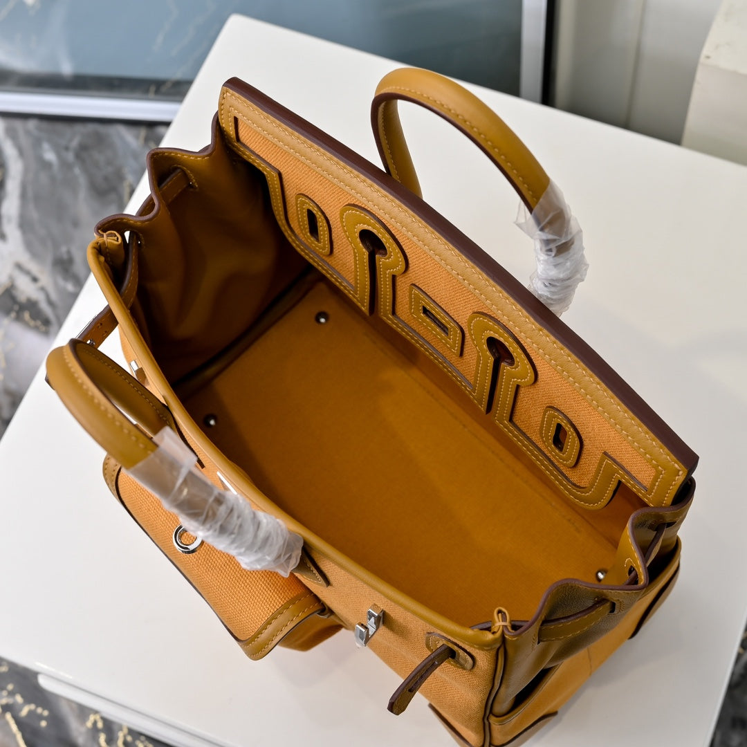 Birkin Cargo 25 Amber Yellow Swift Leather and Canvas Splicing Bag