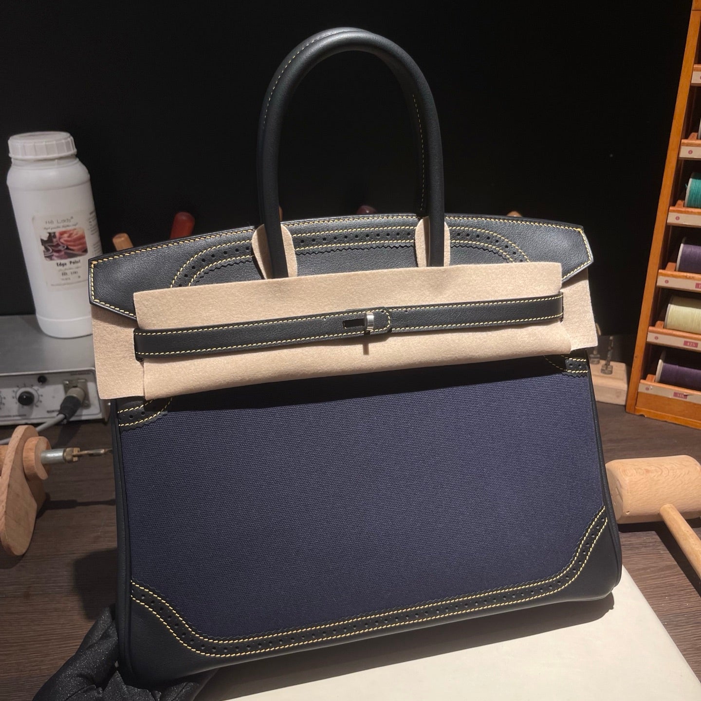 Birkin Ghillies 30 Black Leather and Navy Blue Denim Splicing Bag