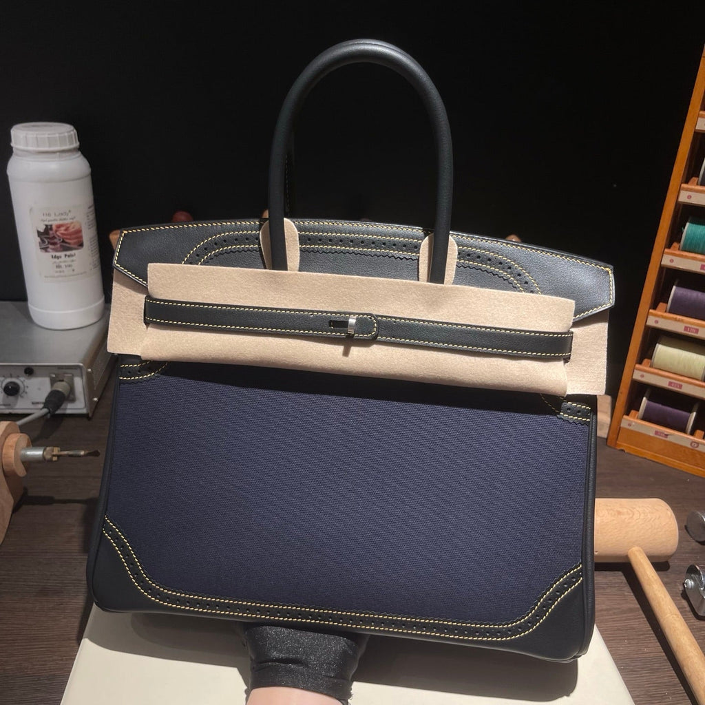 Birkin Ghillies 30 Black Leather and Navy Blue Denim Splicing Bag