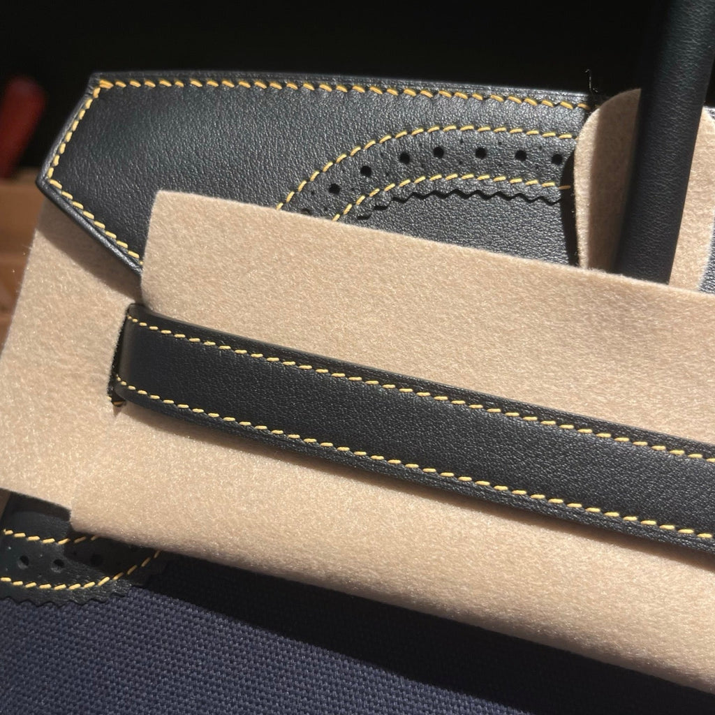 Birkin Ghillies 30 Black Leather and Navy Blue Denim Splicing Bag