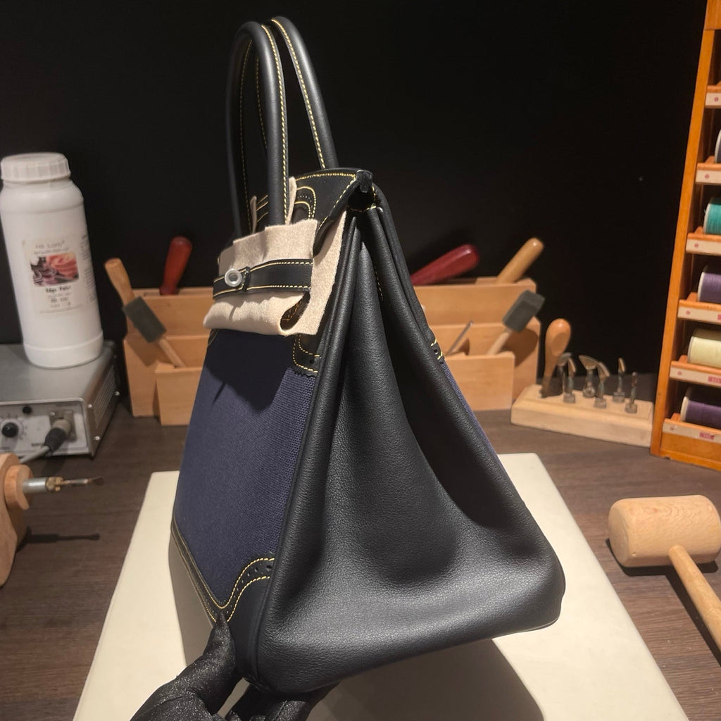 Birkin Ghillies 30 Black Leather and Navy Blue Denim Splicing Bag