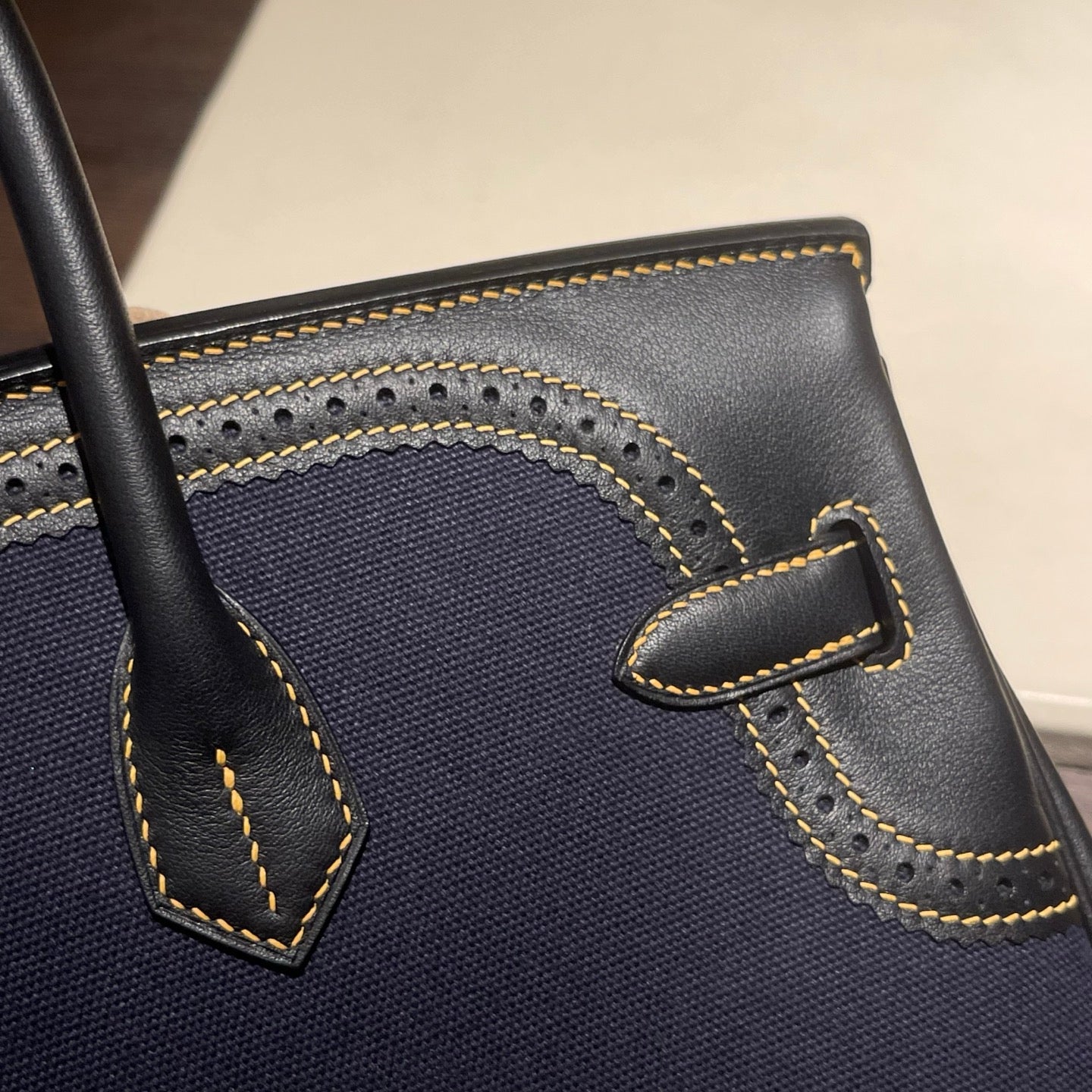 Birkin Ghillies 30 Black Leather and Navy Blue Denim Splicing Bag