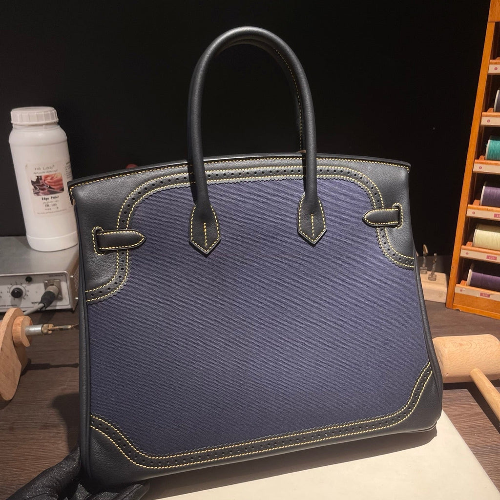 Birkin Ghillies 30 Black Leather and Navy Blue Denim Splicing Bag