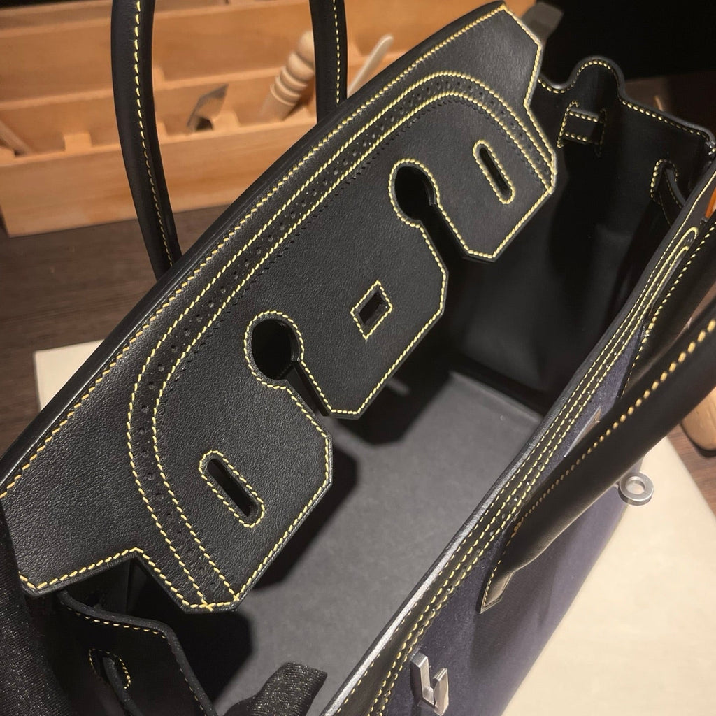 Birkin Ghillies 30 Black Leather and Navy Blue Denim Splicing Bag