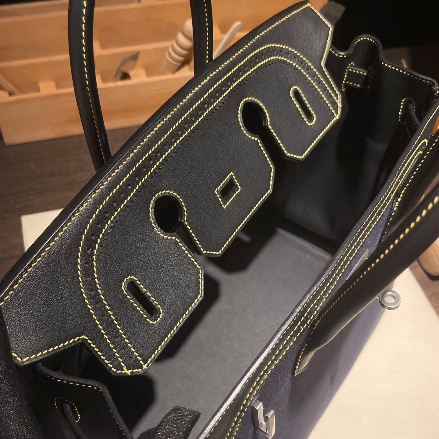 Birkin Ghillies 30 Black Leather and Navy Blue Denim Splicing Bag