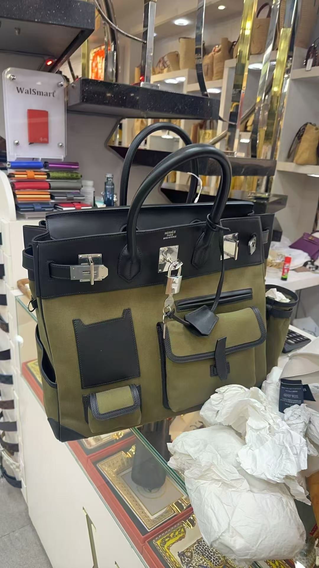 Birkin Cargo 40 Kaki Green Canvas and Black Leather Multi-Pocket Bag