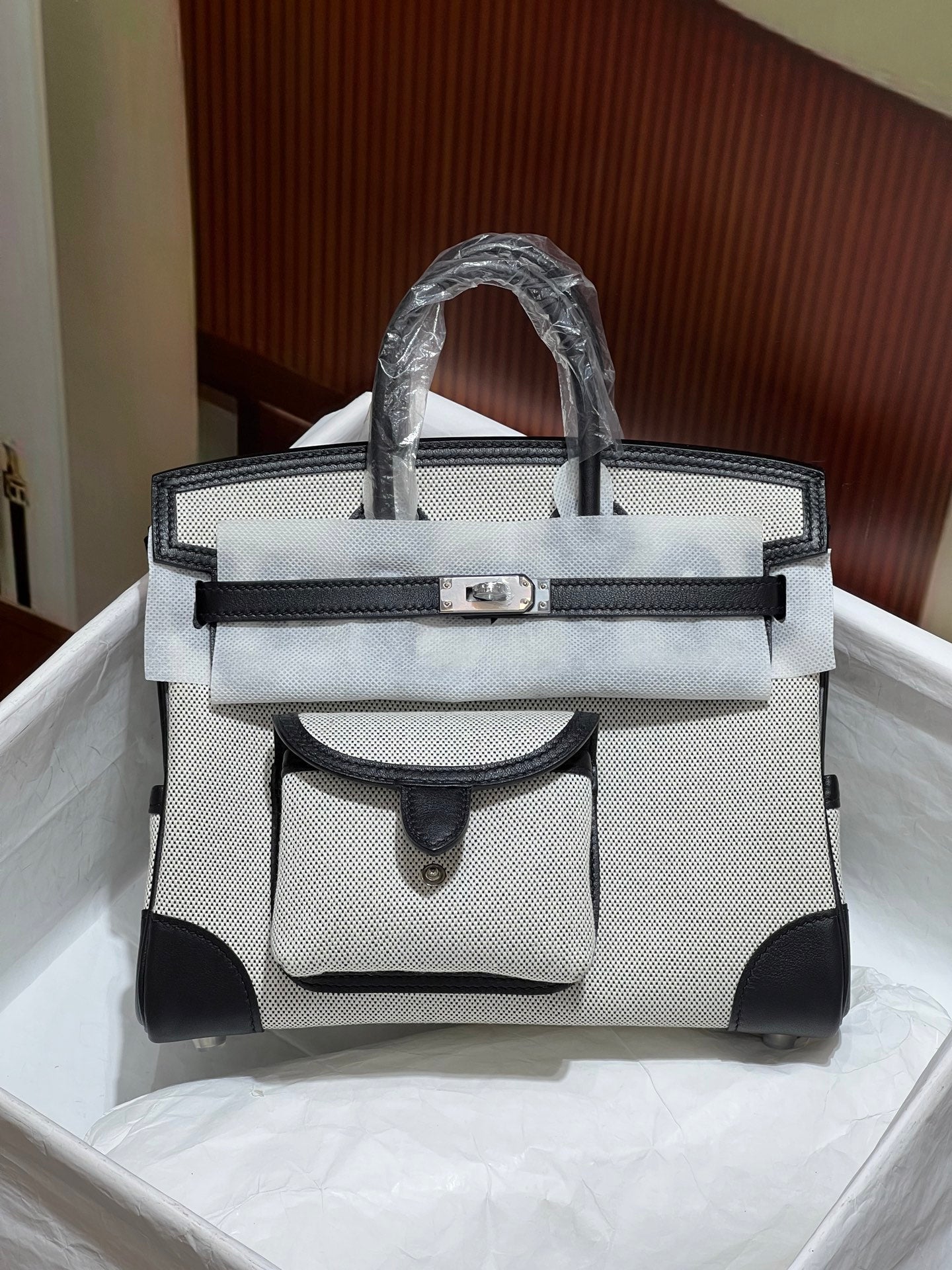 Birkin Cargo 25 Black Leather and Ecru Canvas Multi-Pocket Mini Bag