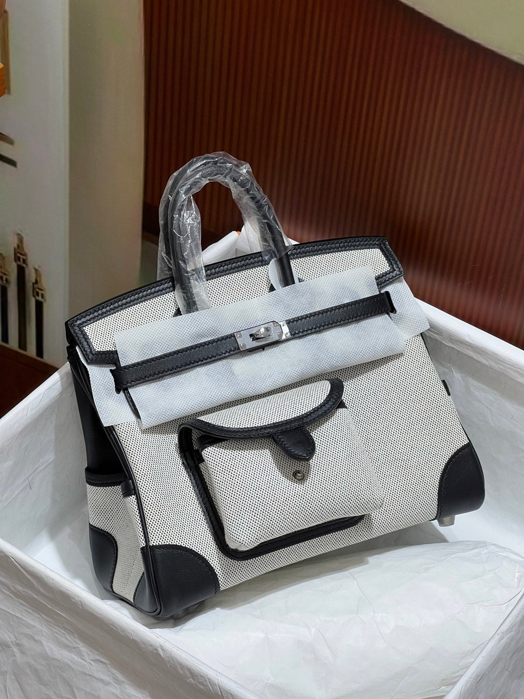 Birkin Cargo 25 Black Leather and Ecru Canvas Multi-Pocket Mini Bag