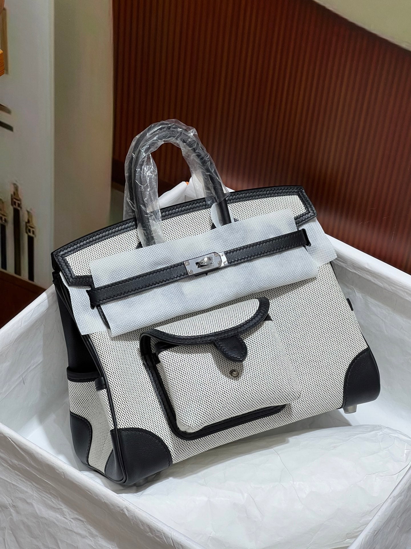 Birkin Cargo 25 Black Leather and Ecru Canvas Multi-Pocket Mini Bag