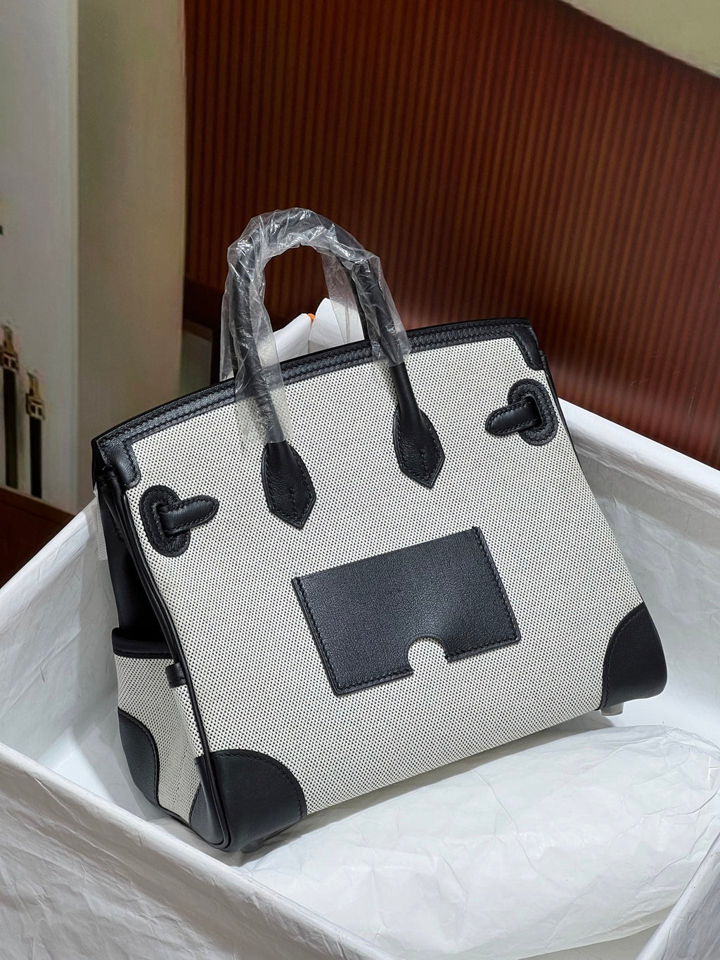 Birkin Cargo 25 Black Leather and Ecru Canvas Multi-Pocket Mini Bag