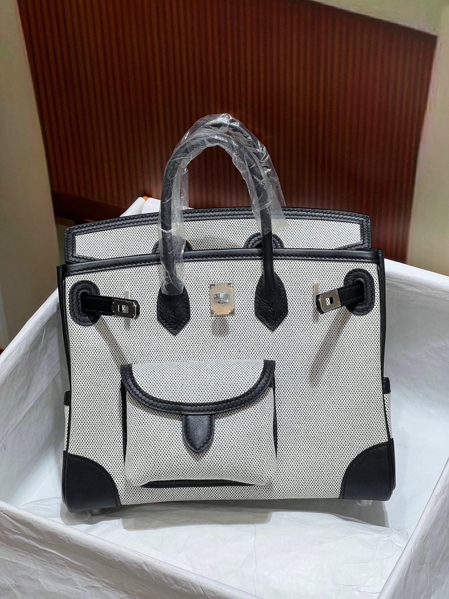 Birkin Cargo 25 Black Leather and Ecru Canvas Multi-Pocket Mini Bag