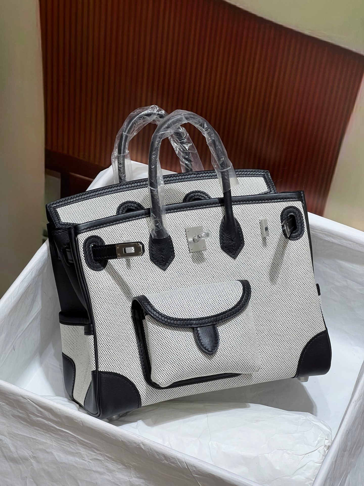 Birkin Cargo 25 Black Leather and Ecru Canvas Multi-Pocket Mini Bag