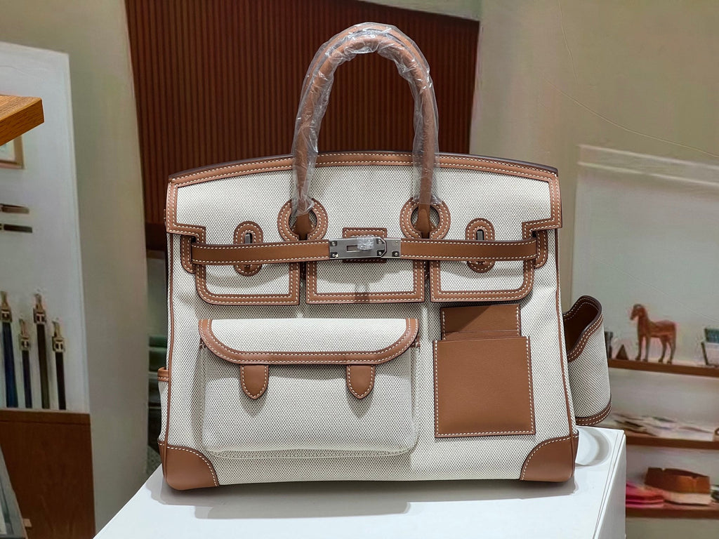 Birkin Cargo 35 Gold Leather and Ecru Canvas Multi-Pocket Bag