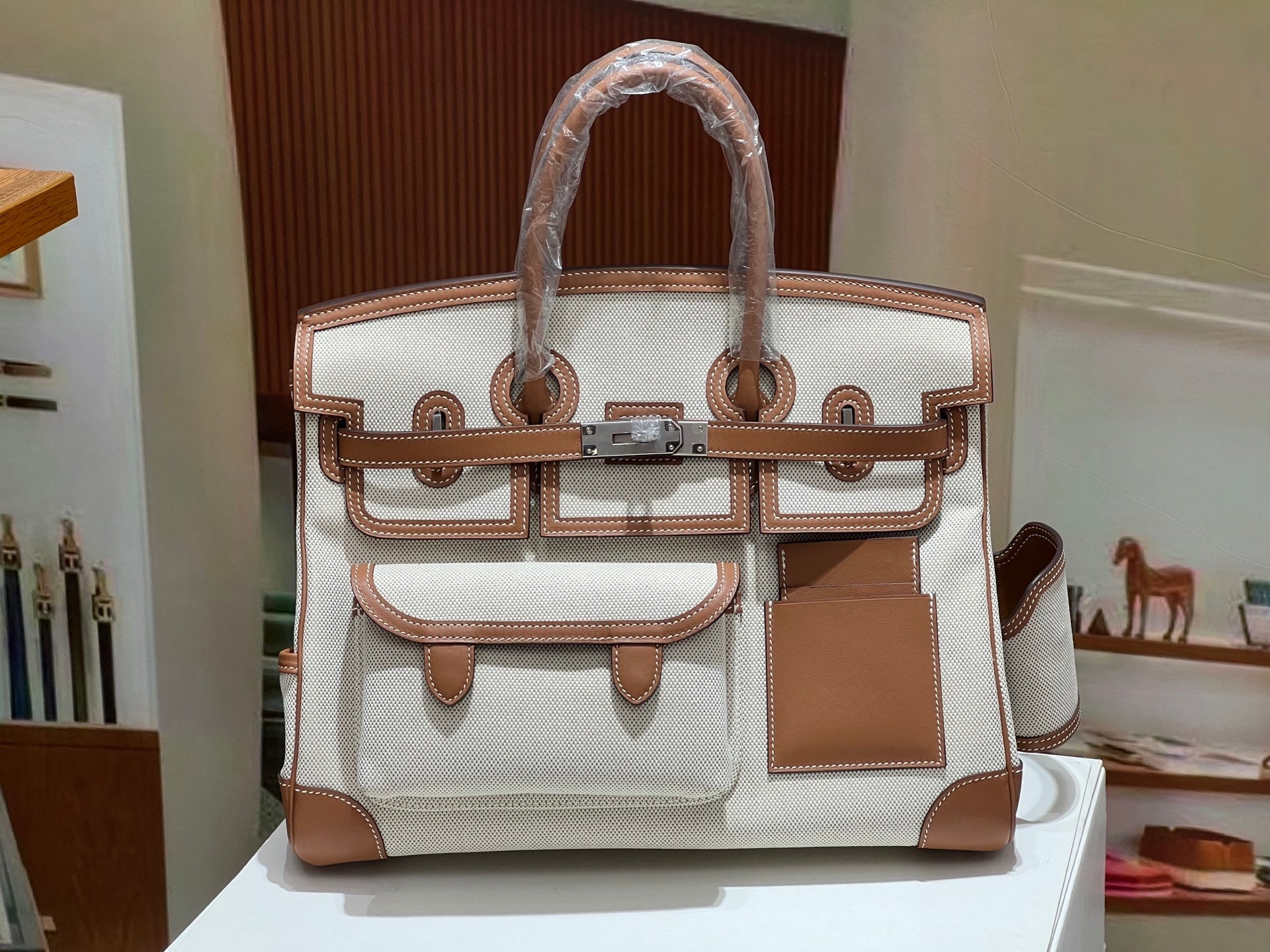 Birkin Cargo 35 Gold Leather and Ecru Canvas Multi-Pocket Bag