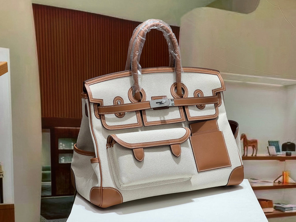 Birkin Cargo 35 Gold Leather and Ecru Canvas Multi-Pocket Bag