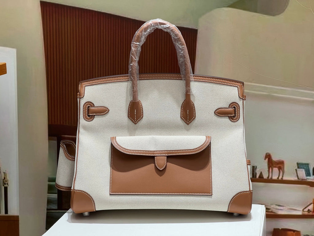 Birkin Cargo 35 Gold Leather and Ecru Canvas Multi-Pocket Bag