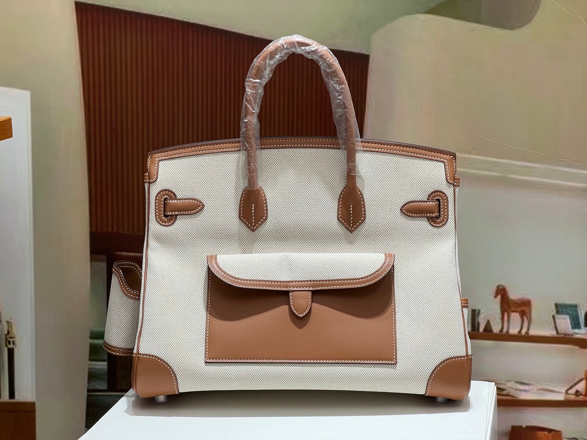 Birkin Cargo 35 Gold Leather and Ecru Canvas Multi-Pocket Bag