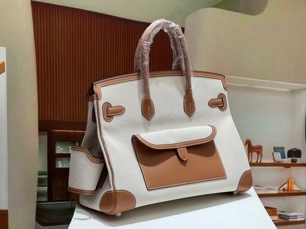 Birkin Cargo 35 Gold Leather and Ecru Canvas Multi-Pocket Bag