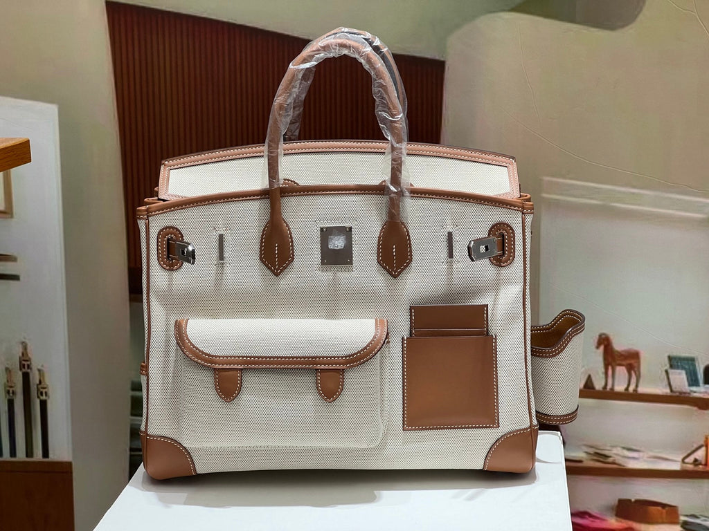 Birkin Cargo 35 Gold Leather and Ecru Canvas Multi-Pocket Bag