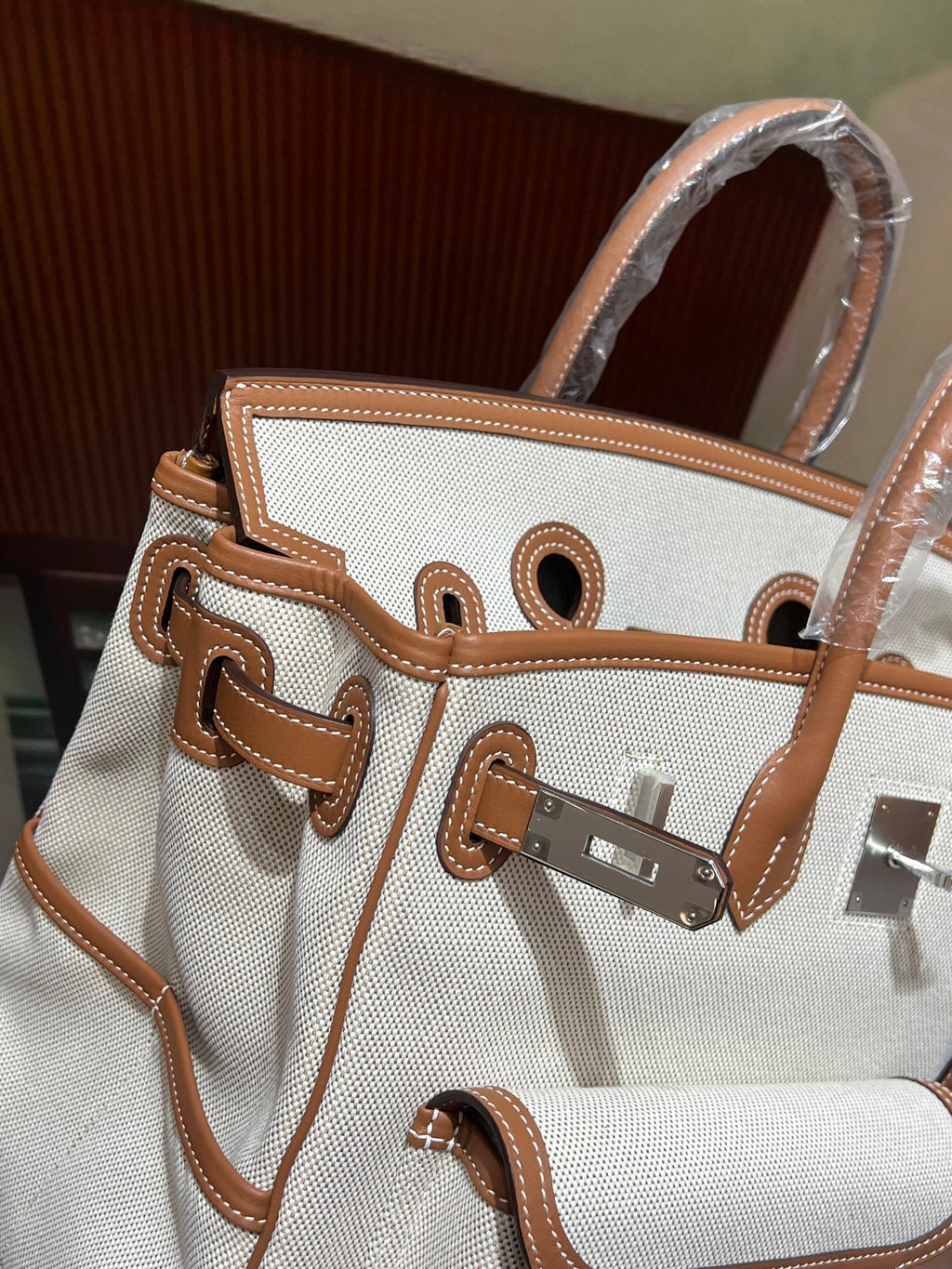 Birkin Cargo 35 Gold Leather and Ecru Canvas Multi-Pocket Bag