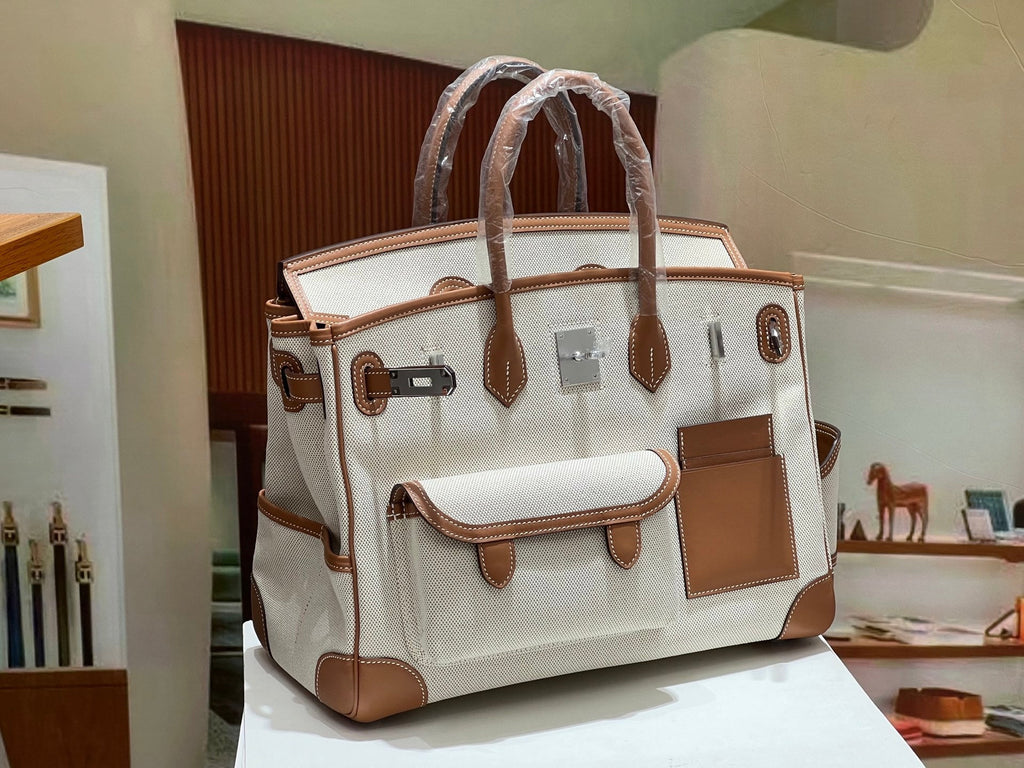 Birkin Cargo 35 Gold Leather and Ecru Canvas Multi-Pocket Bag