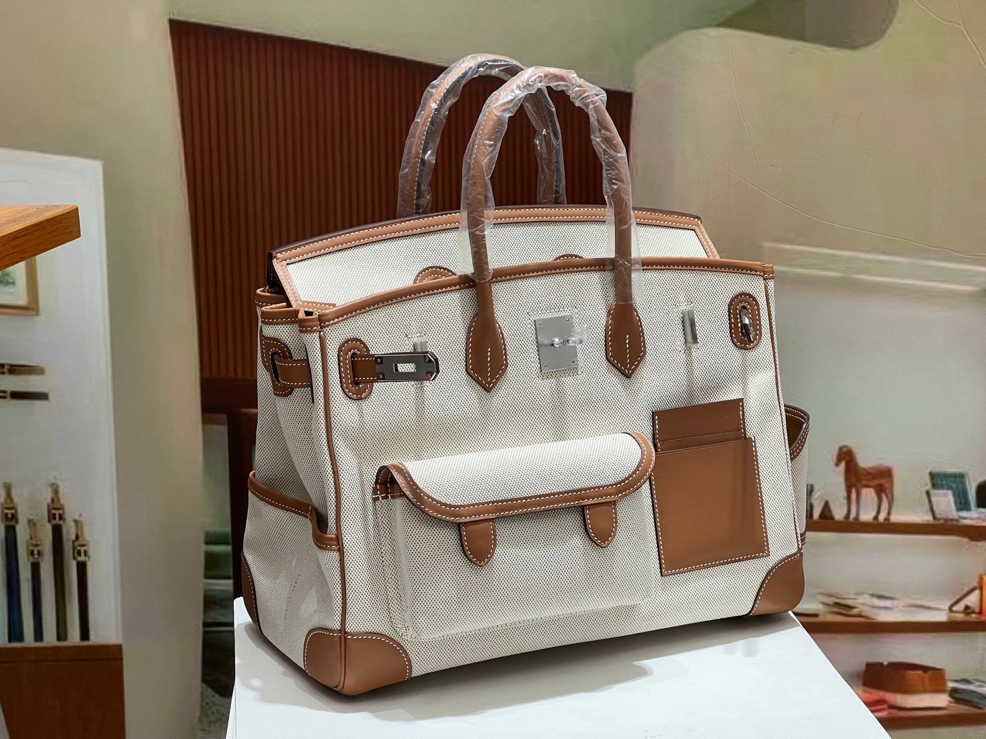 Birkin Cargo 35 Gold Leather and Ecru Canvas Multi-Pocket Bag