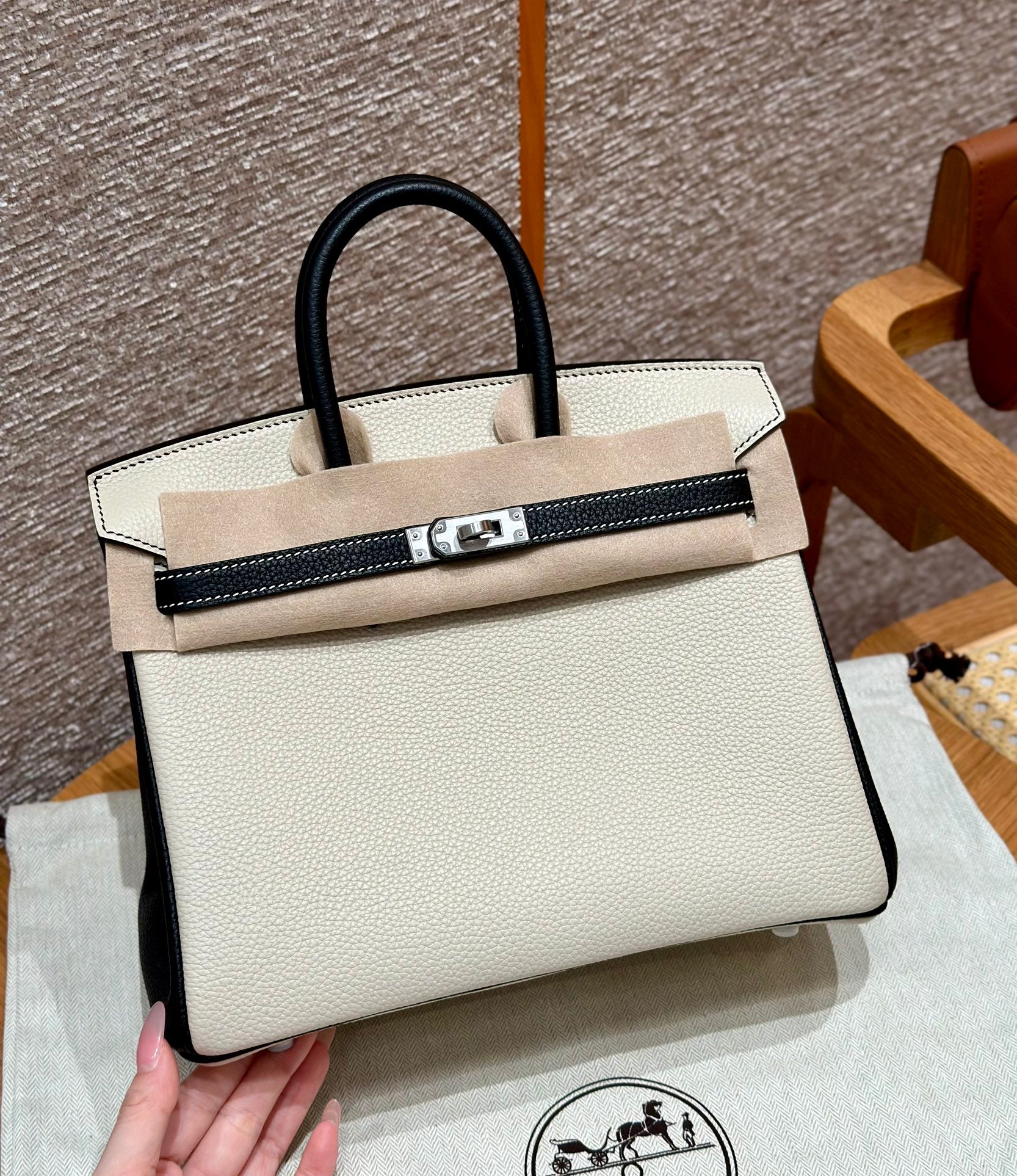 Birkin 25 Craie and Noir Togo Leather Bi-Color Bag