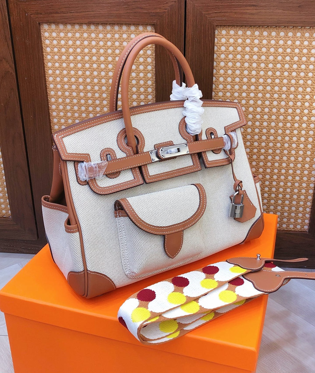 Birkin Cargo 30 Gold Swift Leather and Ecru Canvas Multi-Pocket Bag
