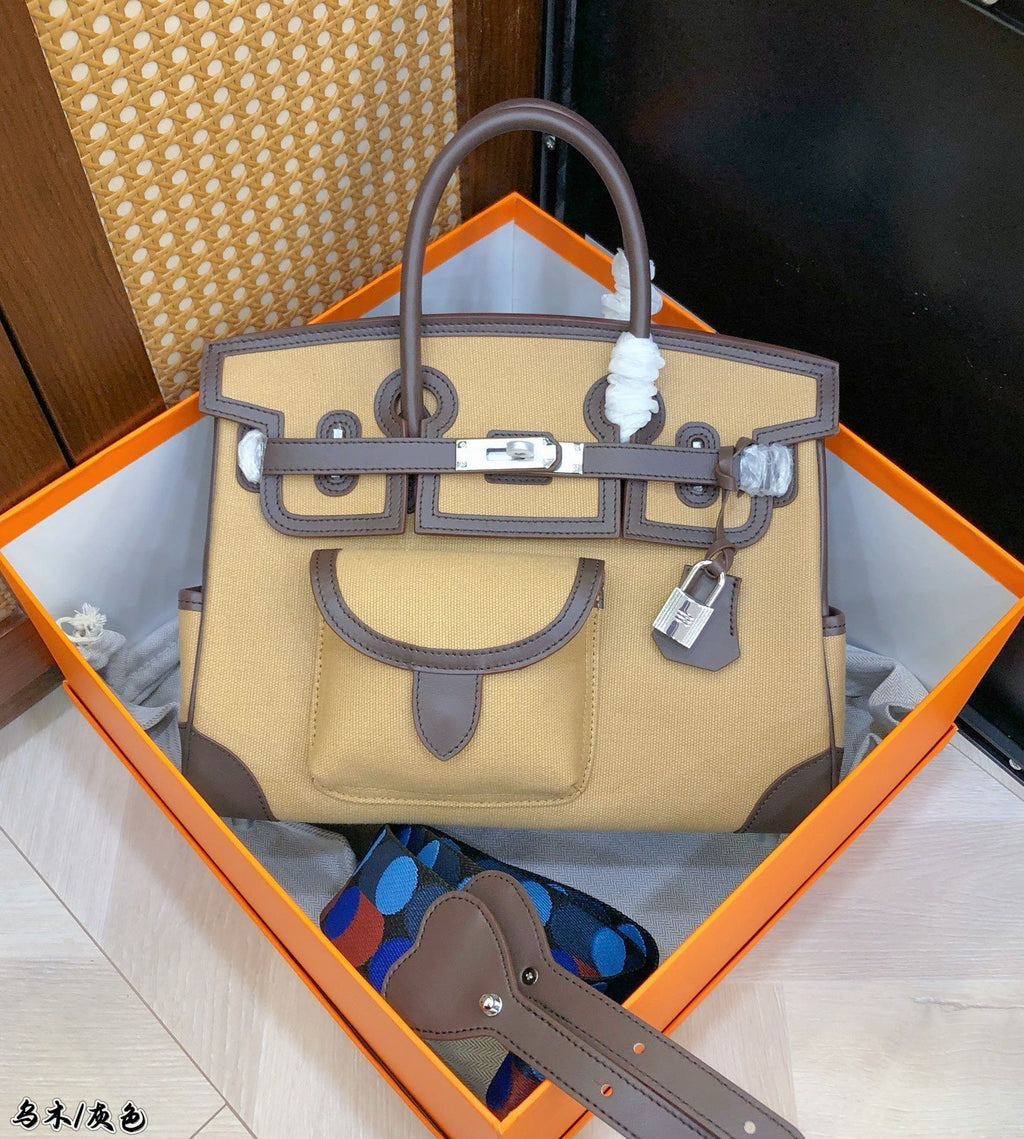 Birkin Cargo 30 Ebène Swift Leather and Khaki Canvas Multi-Pocket Bag