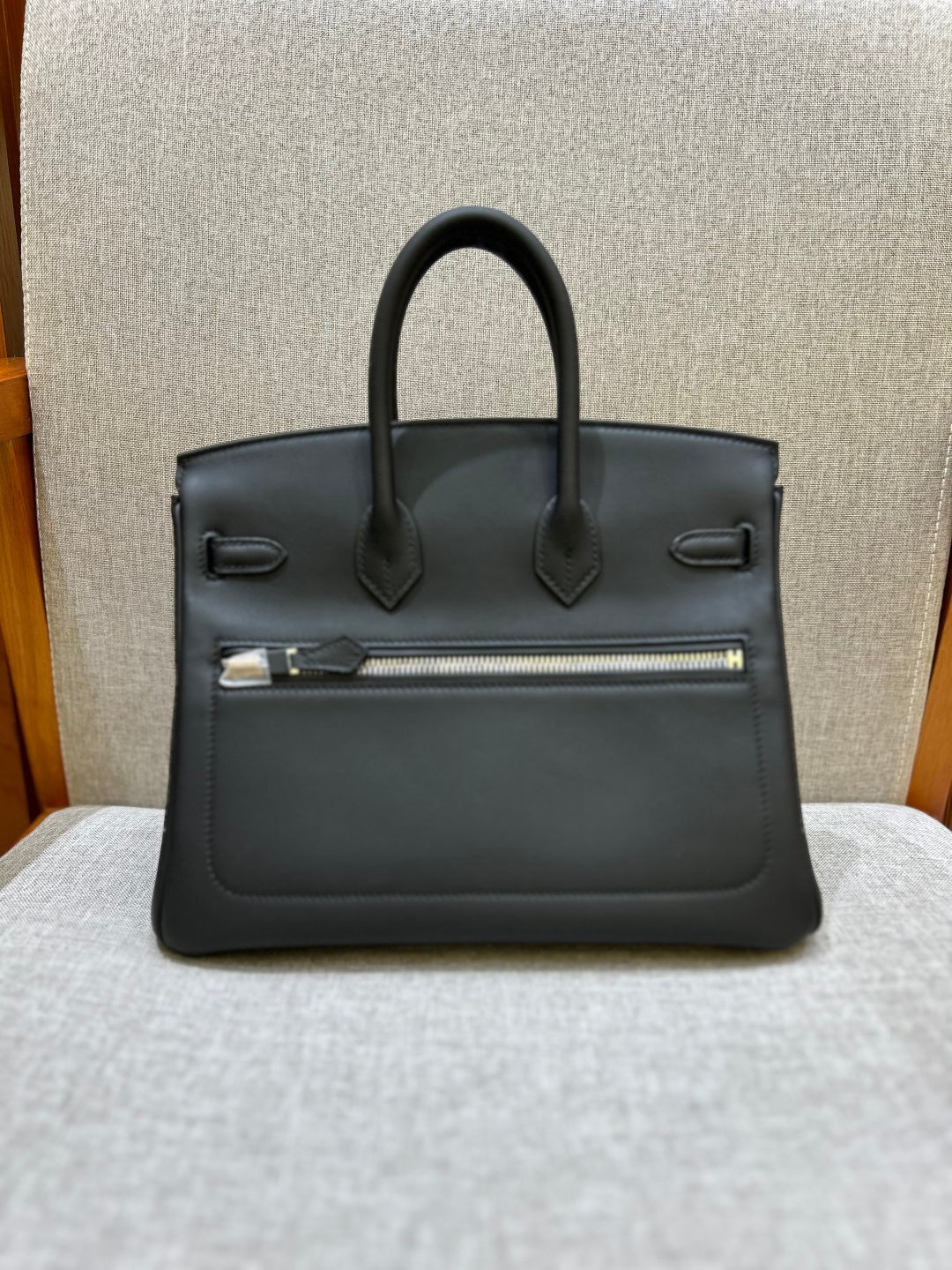 Birkin 25 Rock Black Leather Multi-Pocket Handbag with Chain