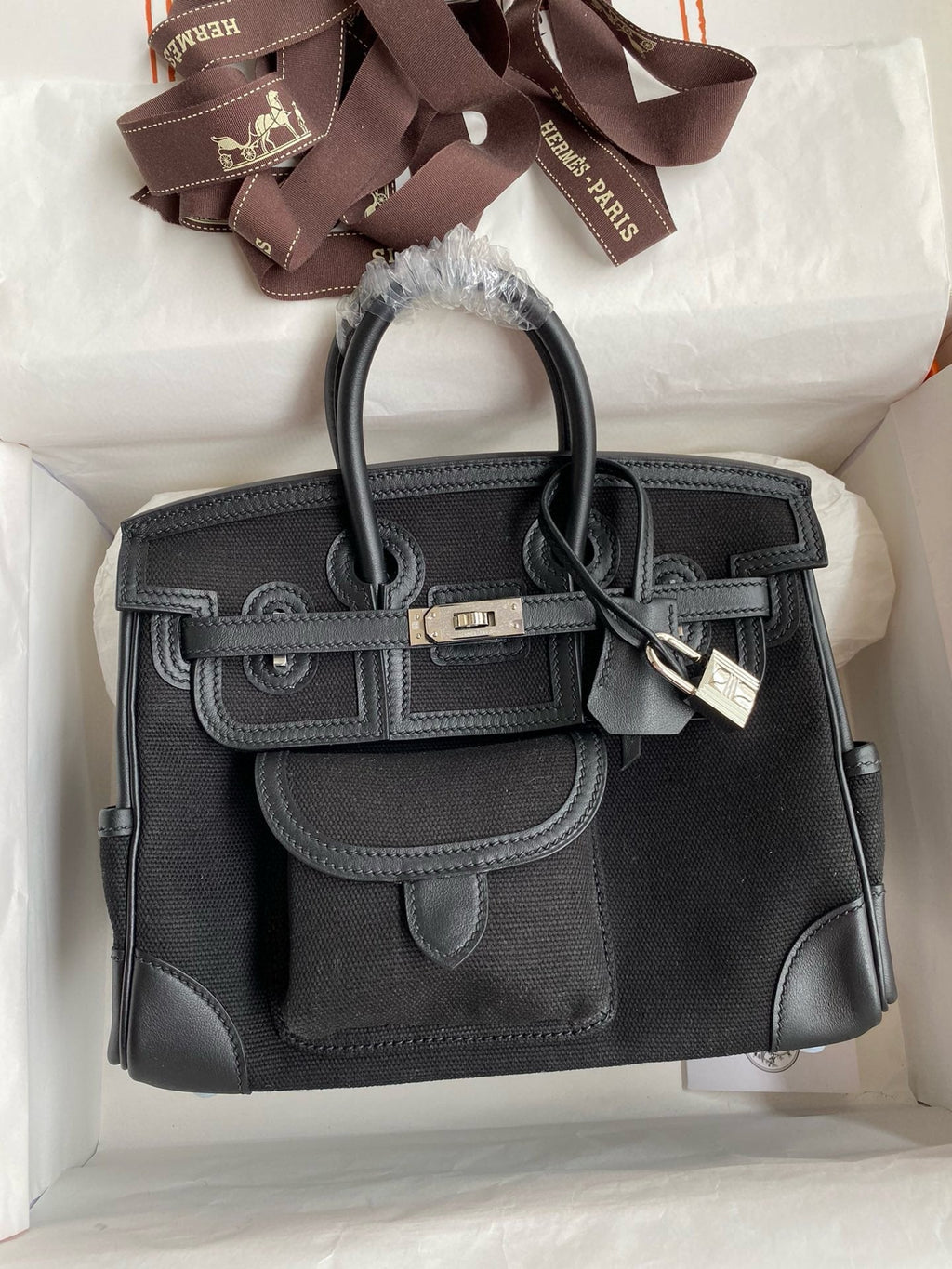 Birkin Cargo 25 All Black Swift Leather and Canvas Multi-Pocket Bag