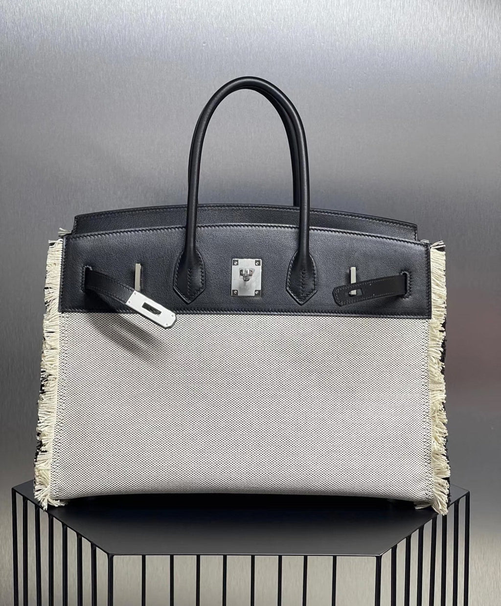 Birkin 35 Fray Fray Black Leather and Fringed Canvas Bag
