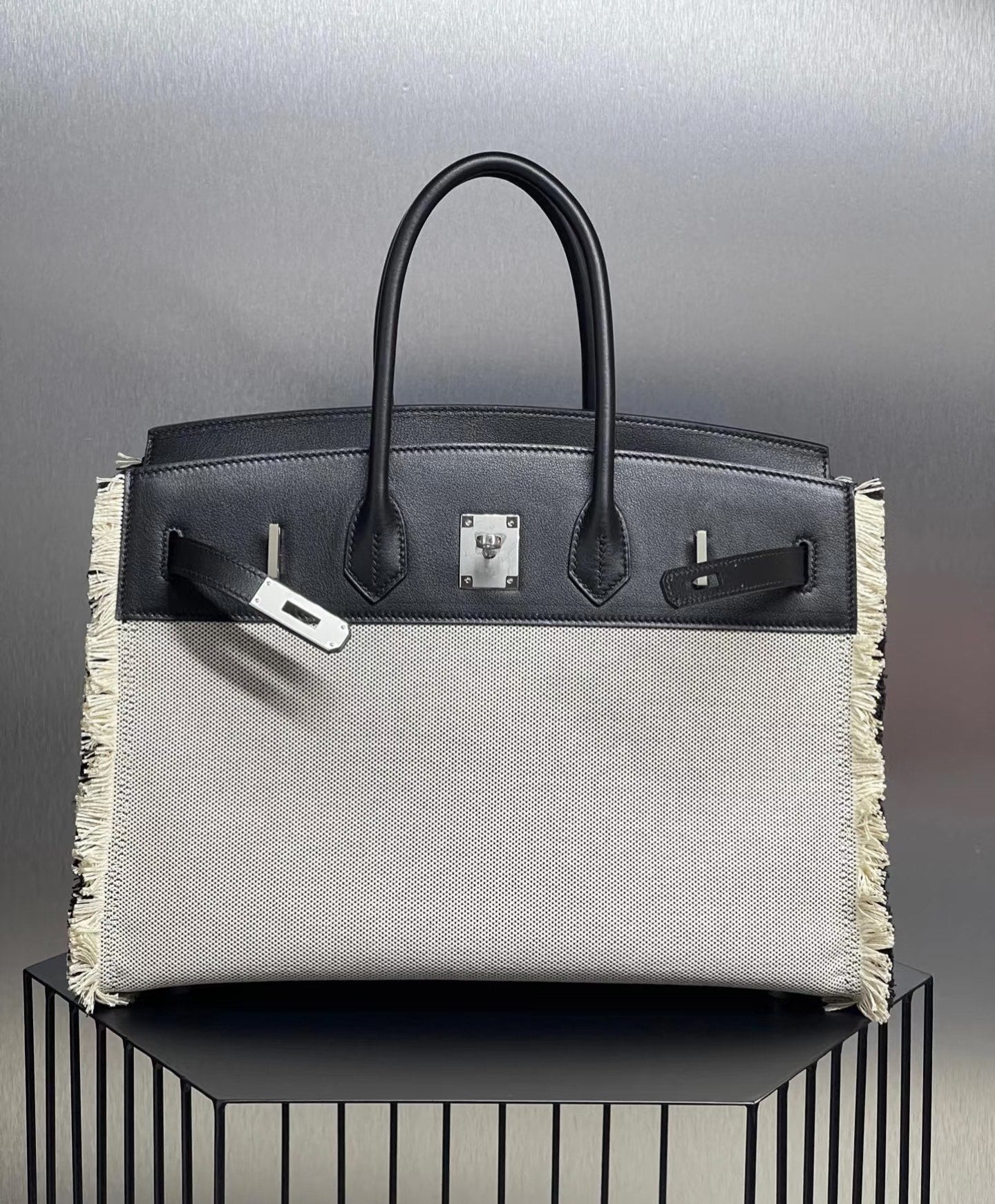 Birkin 35 Fray Fray Black Leather and Fringed Canvas Bag
