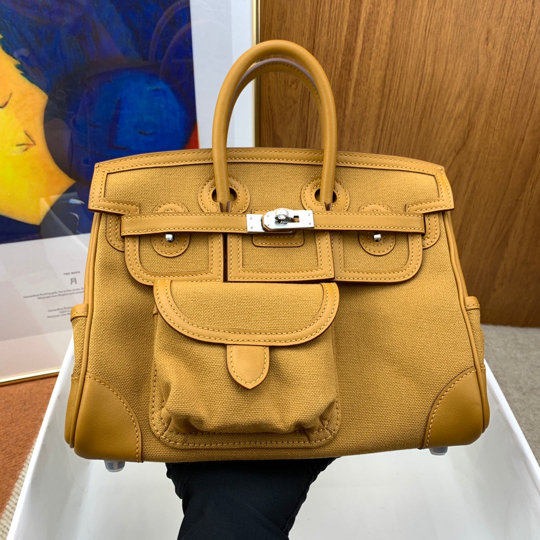 Birkin Cargo 25 in Sesame Toile Goéland and Swift Leather (Palladium Hardware)