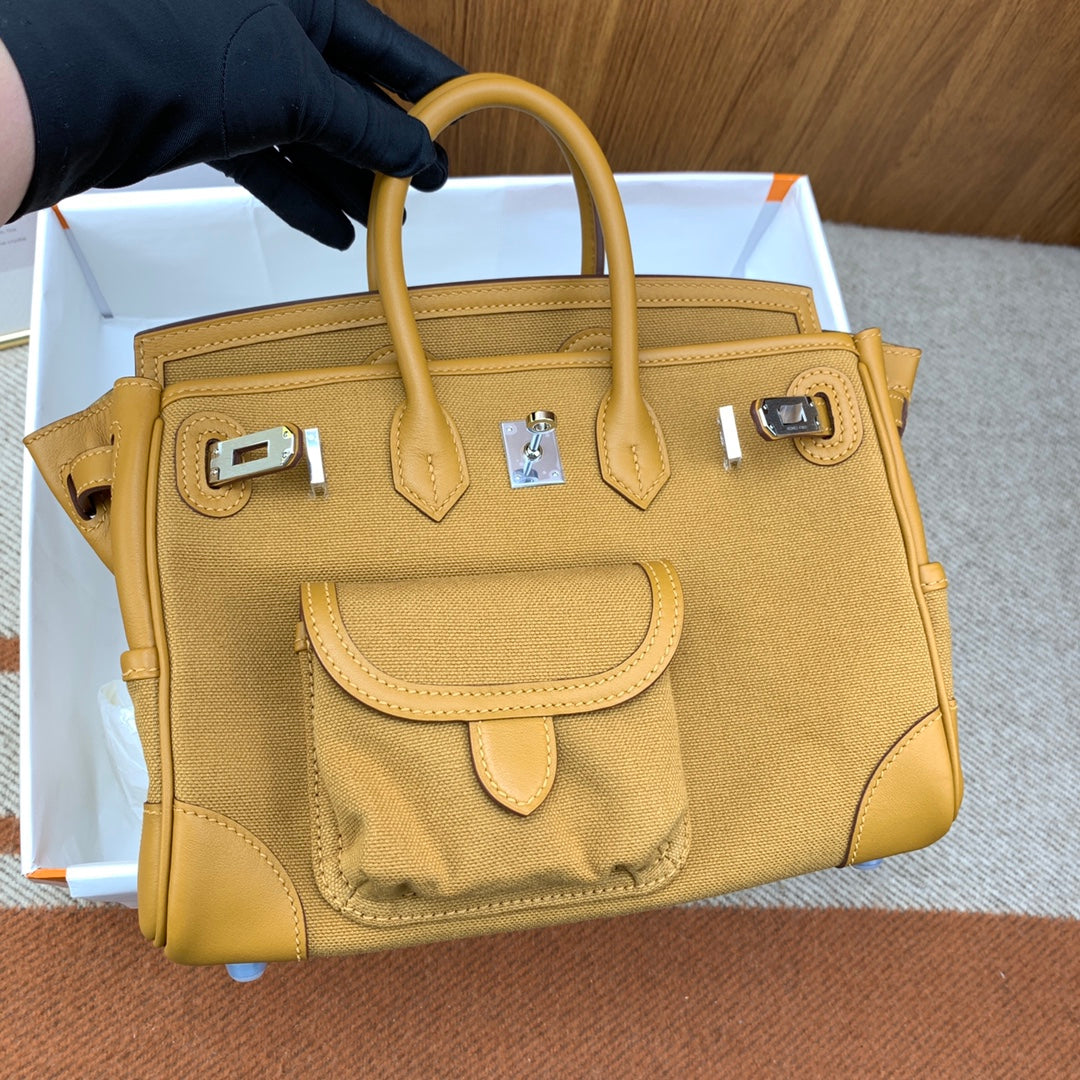 Birkin Cargo 25 in Sesame Toile Goéland and Swift Leather (Palladium Hardware)