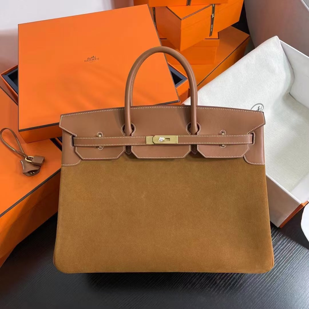 Birkin 40 Retourne in Gold Swift Leather and Suede Grizzly (Gold Hardware)