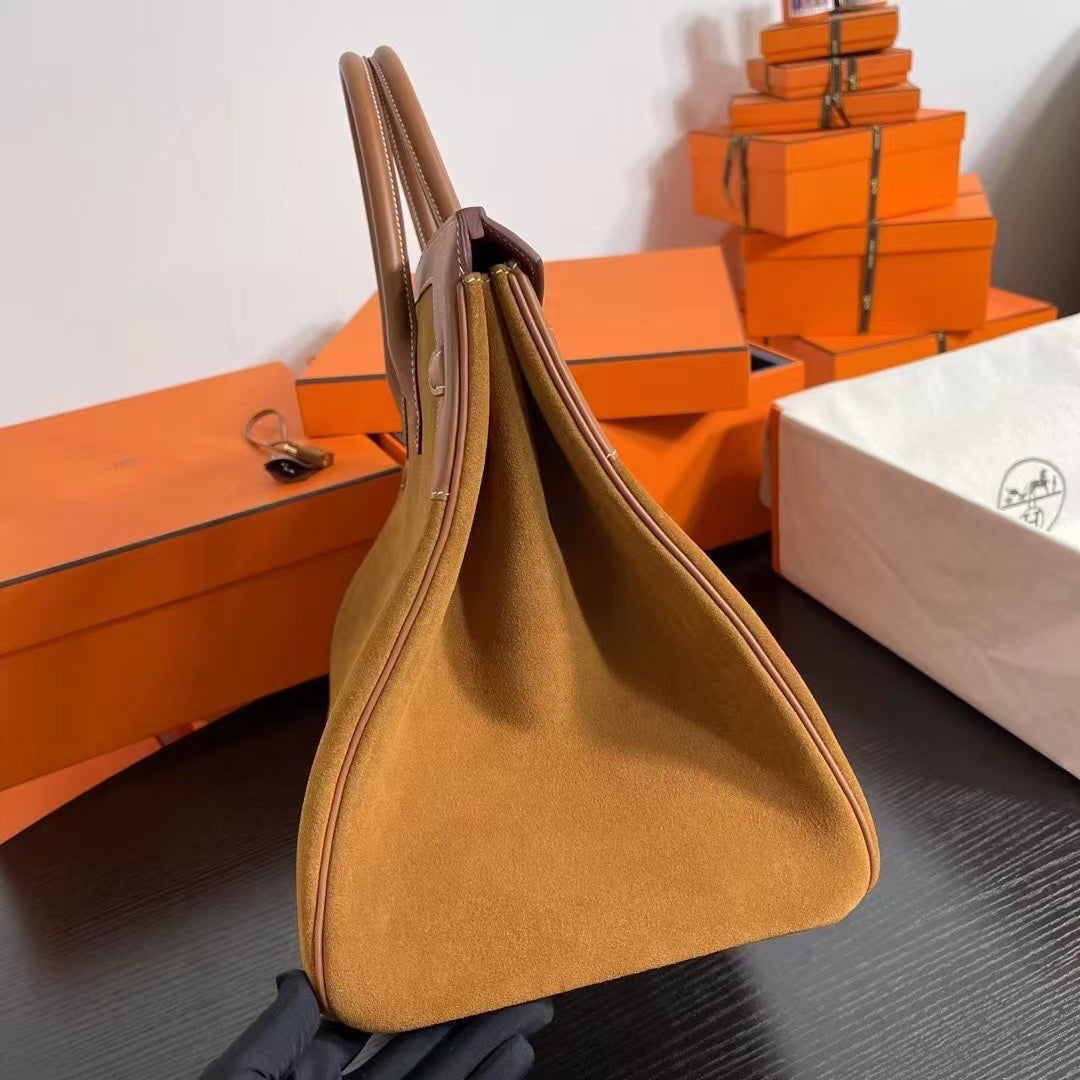 Birkin 40 Retourne in Gold Swift Leather and Suede Grizzly (Gold Hardware)