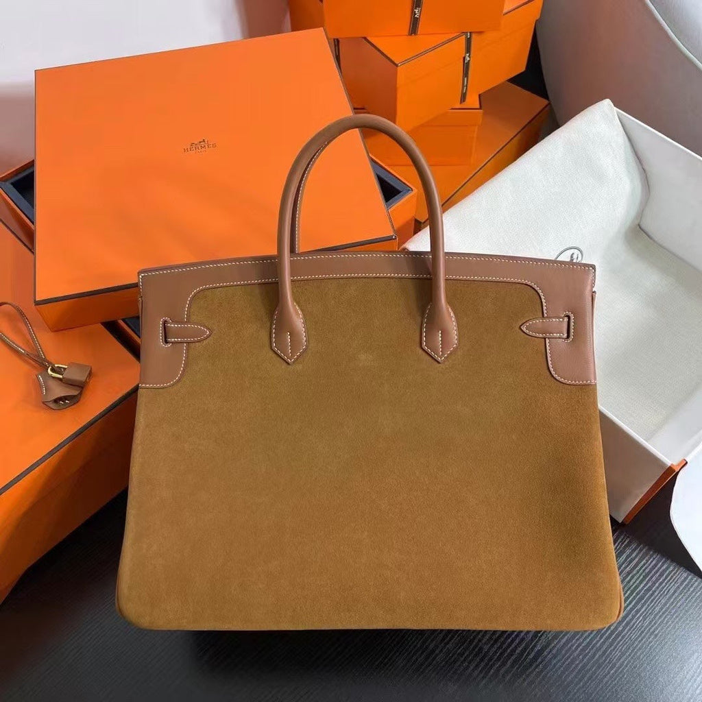 Birkin 40 Retourne in Gold Swift Leather and Suede Grizzly (Gold Hardware)