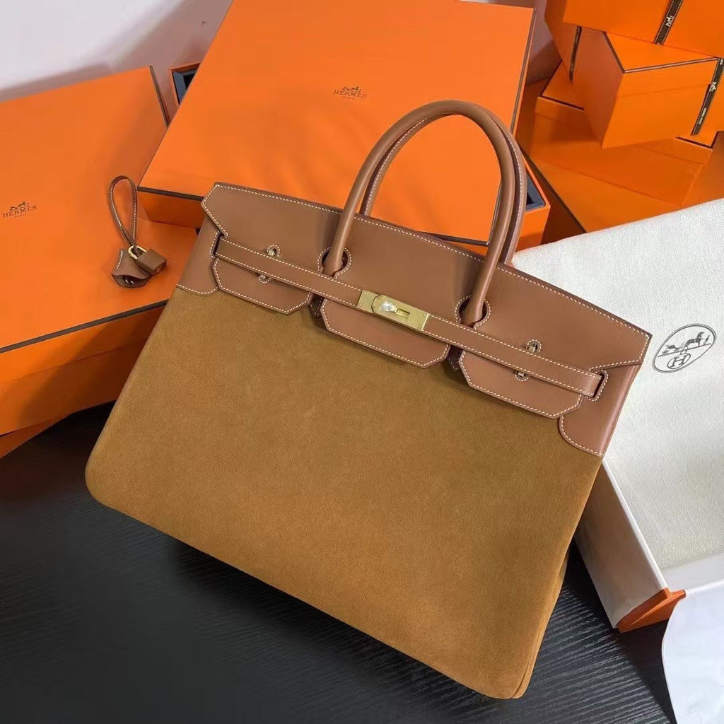 Birkin 40 Retourne in Gold Swift Leather and Suede Grizzly (Gold Hardware)