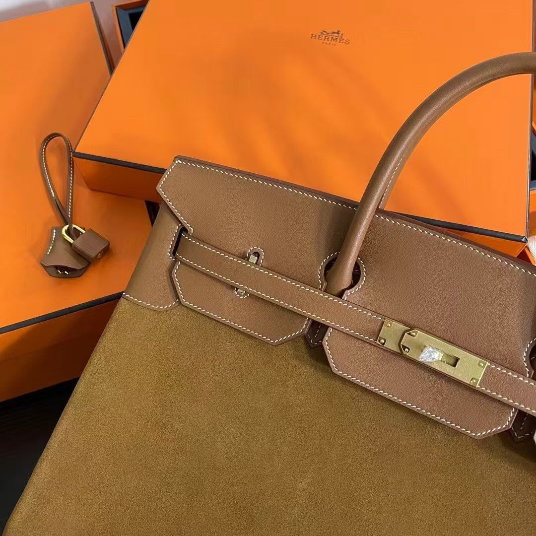 Birkin 40 Retourne in Gold Swift Leather and Suede Grizzly (Gold Hardware)