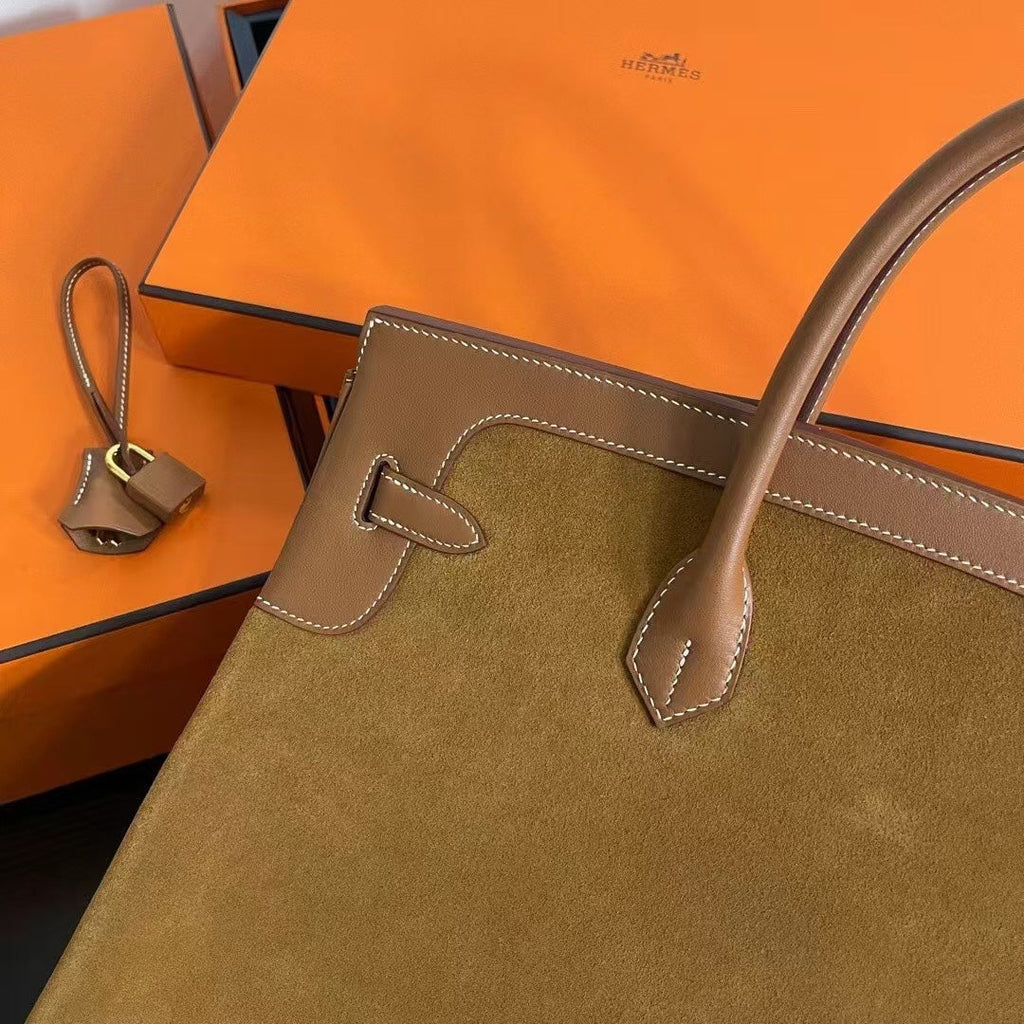 Birkin 40 Retourne in Gold Swift Leather and Suede Grizzly (Gold Hardware)