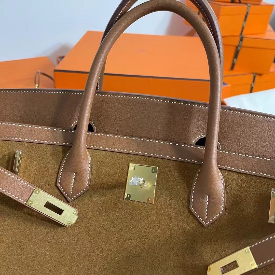 Birkin 40 Retourne in Gold Swift Leather and Suede Grizzly (Gold Hardware)