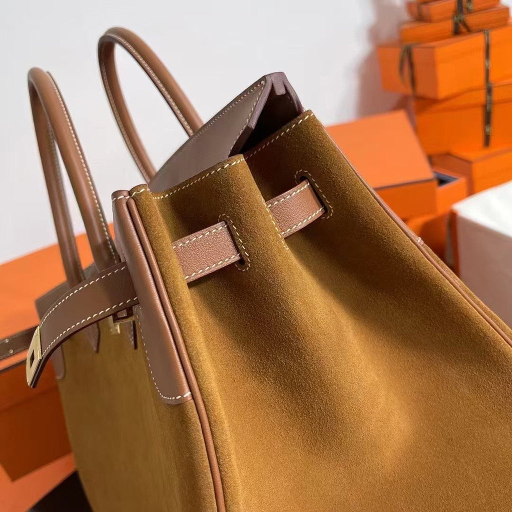 Birkin 40 Retourne in Gold Swift Leather and Suede Grizzly (Gold Hardware)
