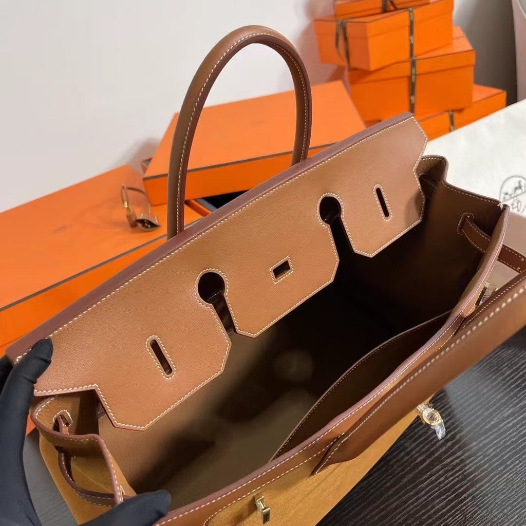 Birkin 40 Retourne in Gold Swift Leather and Suede Grizzly (Gold Hardware)