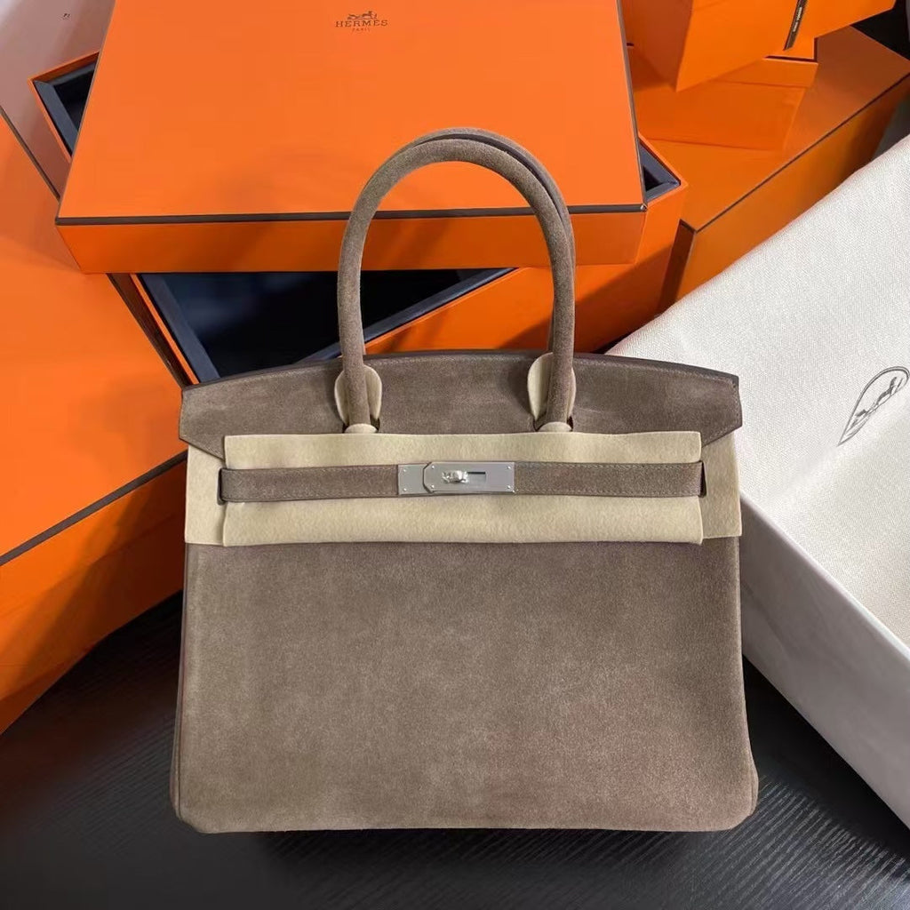 Birkin 30 Retourne in Etoupe Suede Grizzly with White Stitching (Palladium Hardware)