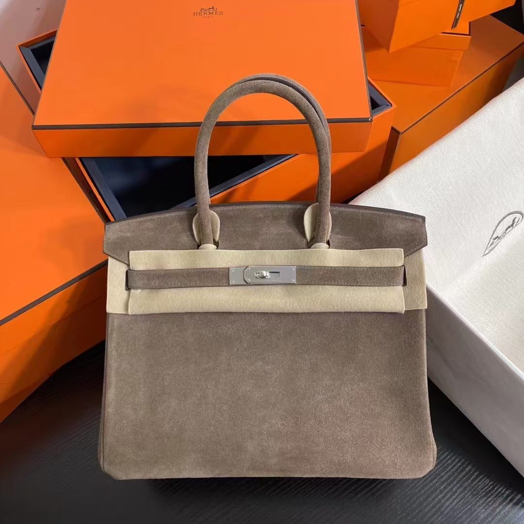Birkin 30 Retourne in Etoupe Suede Grizzly with White Stitching (Palladium Hardware)