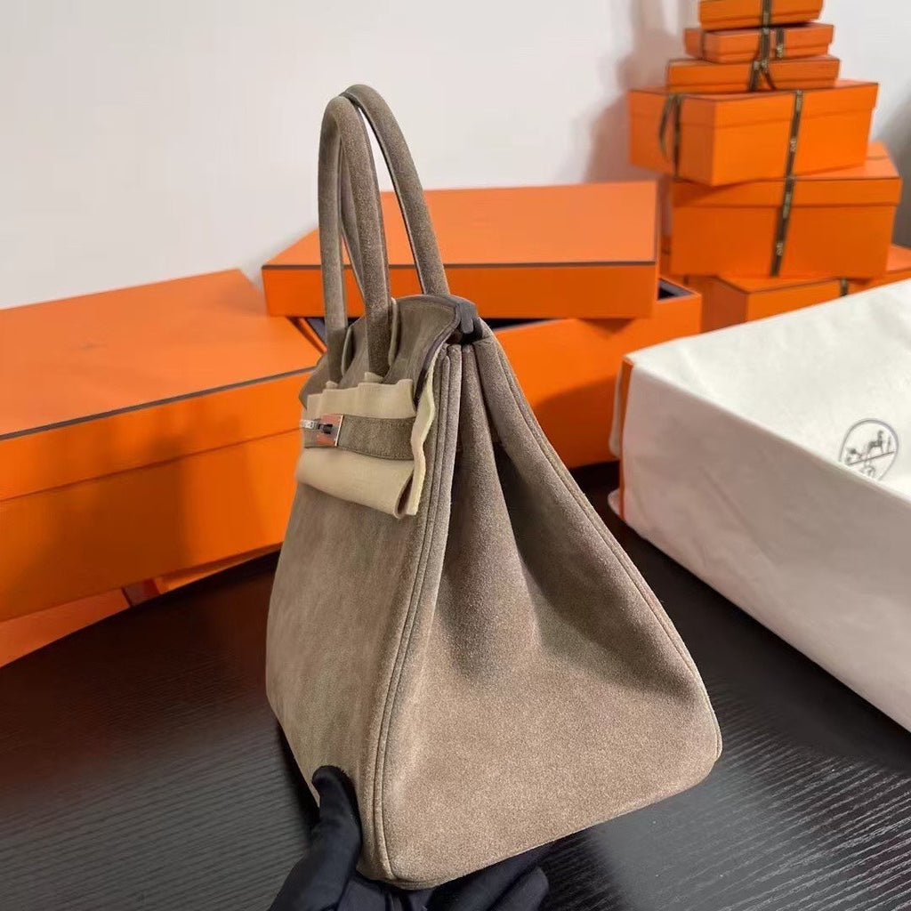 Birkin 30 Retourne in Etoupe Suede Grizzly with White Stitching (Palladium Hardware)