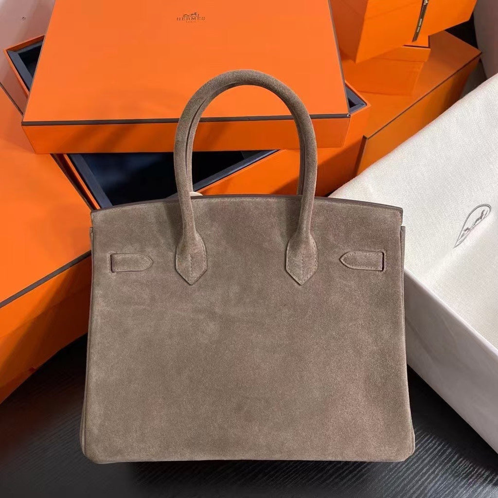 Birkin 30 Retourne in Etoupe Suede Grizzly with White Stitching (Palladium Hardware)