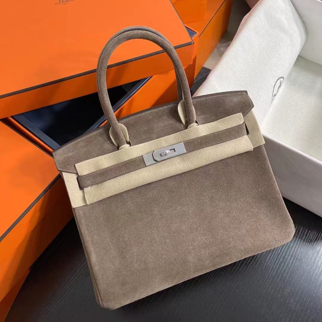 Birkin 30 Retourne in Etoupe Suede Grizzly with White Stitching (Palladium Hardware)
